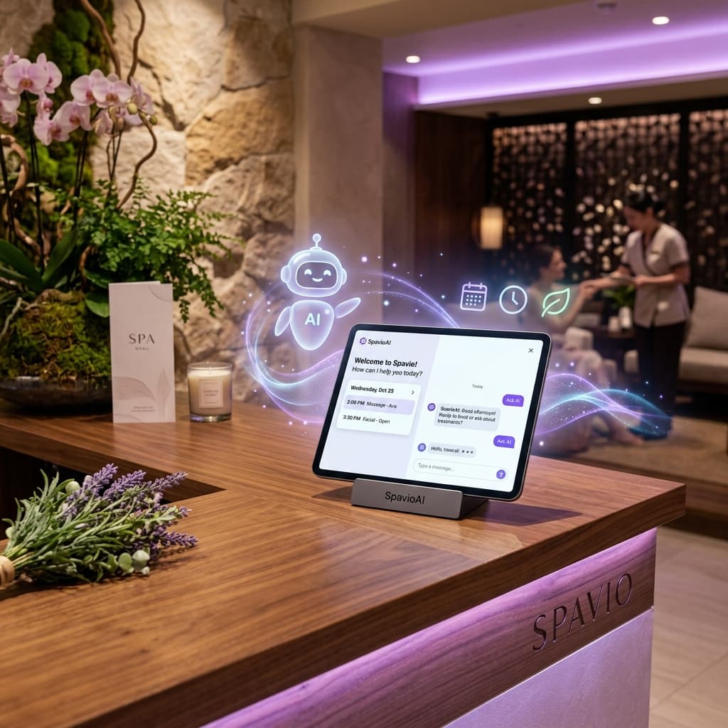 Sleek digital dashboard showing AI receptionist and automated calendar optimizations in a luxury beauty spa